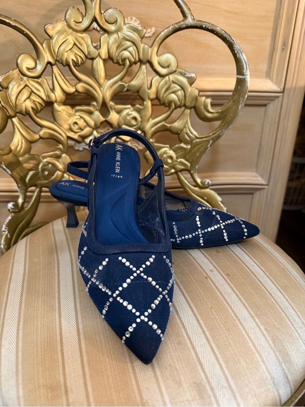 Anne Klein Navy Crystal-Studded Pointed Toe Slingback Heels